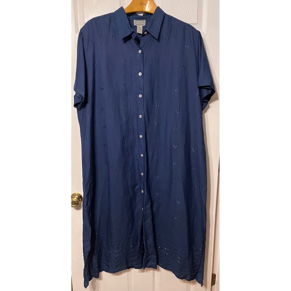 Jane Ashley Vtg Navy Blue‎ Embroidered Shell Button Front Shirt Dress Plus Sz 3X
